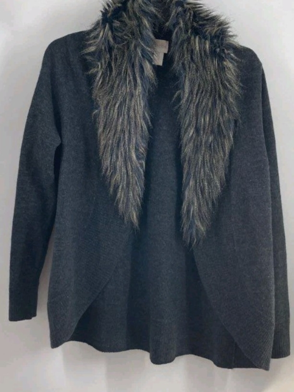 Chico's 100% Wool Faux Fur Gray Cardigan Sweater Jacket Blazer Women's Sz 1